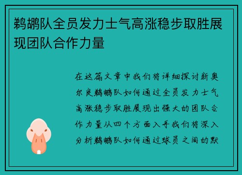 鹈鹕队全员发力士气高涨稳步取胜展现团队合作力量