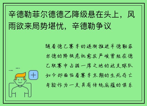 辛德勒菲尔德德乙降级悬在头上，风雨欲来局势堪忧，辛德勒争议