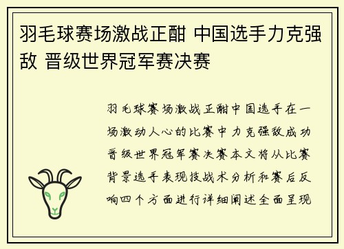 羽毛球赛场激战正酣 中国选手力克强敌 晋级世界冠军赛决赛