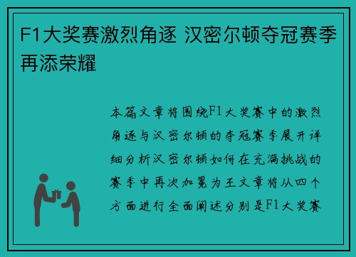 F1大奖赛激烈角逐 汉密尔顿夺冠赛季再添荣耀